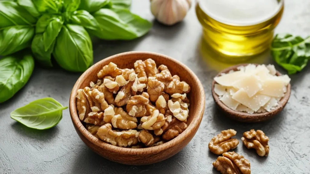 Ingredients for walnut pesto on the counter