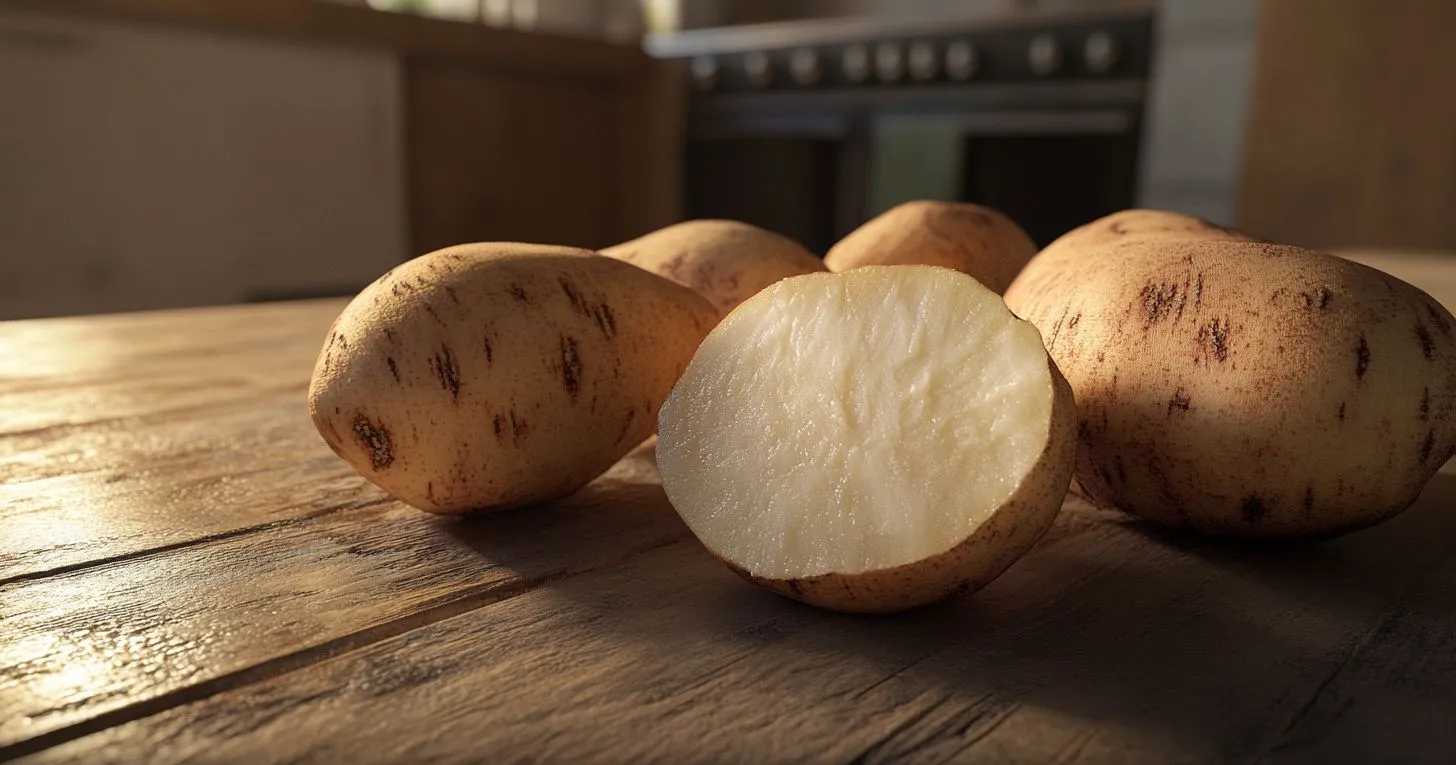 White sweet potatoes on a wooden kitchen counter, one cut open.