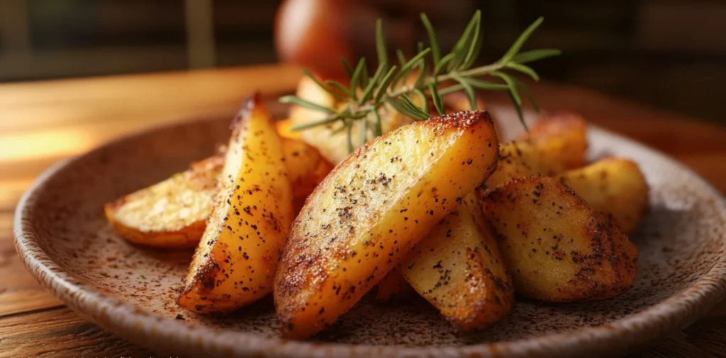 Roasted white sweet potato wedges with rosemary and olive oil.