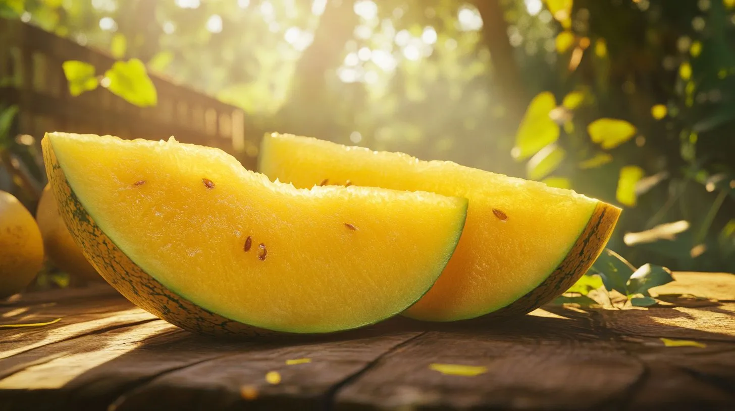 Sliced yellow watermelon with vibrant golden flesh.