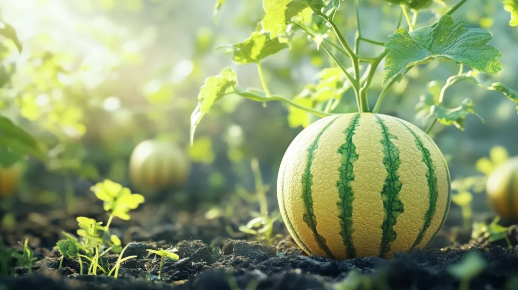 Yellow watermelon growing in a home garden.