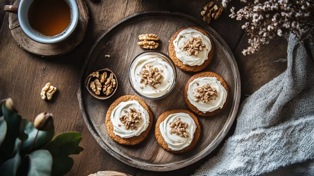 Carrot cake cookies served with tea and walnuts