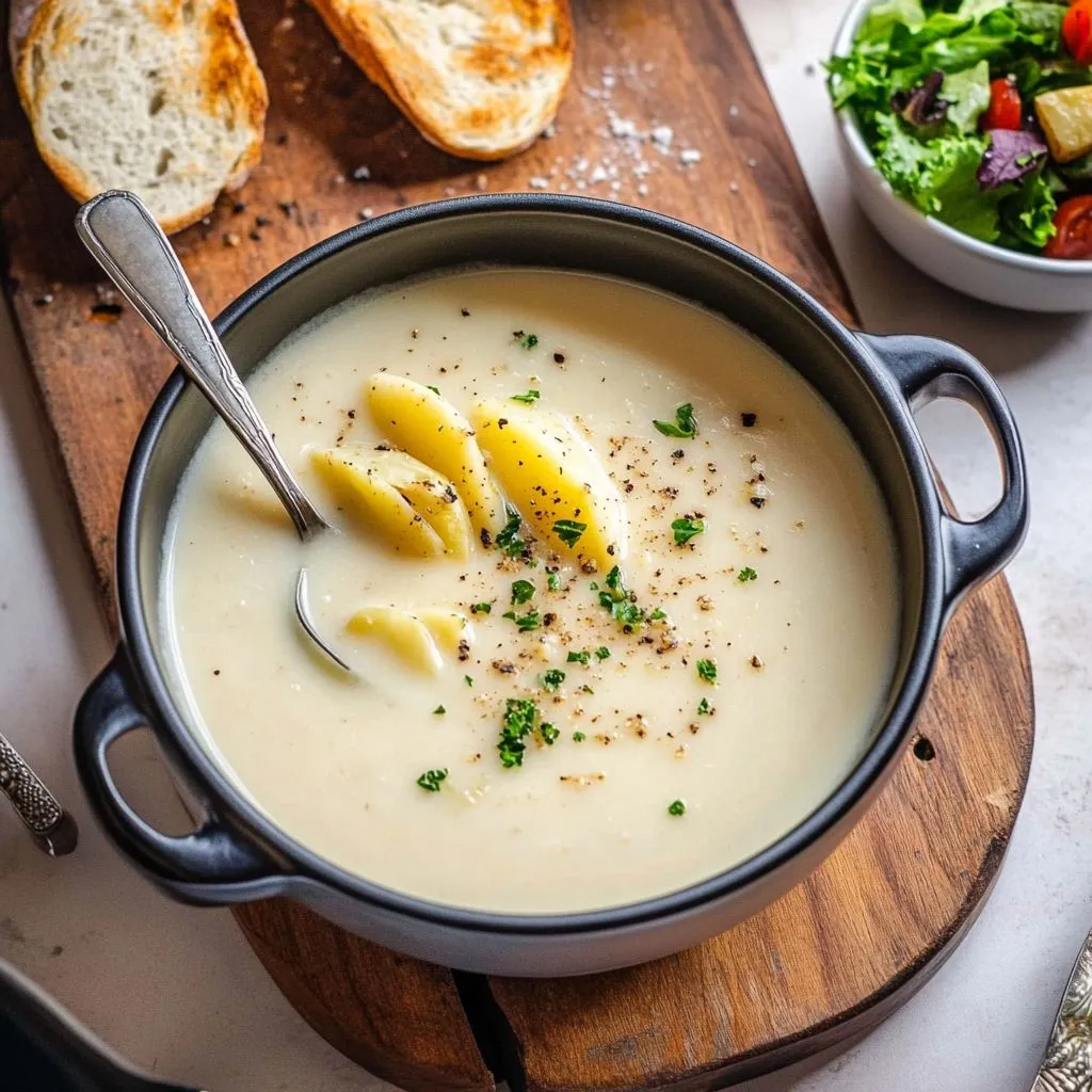 A bowl of potato soup served with garlic bread and salad.