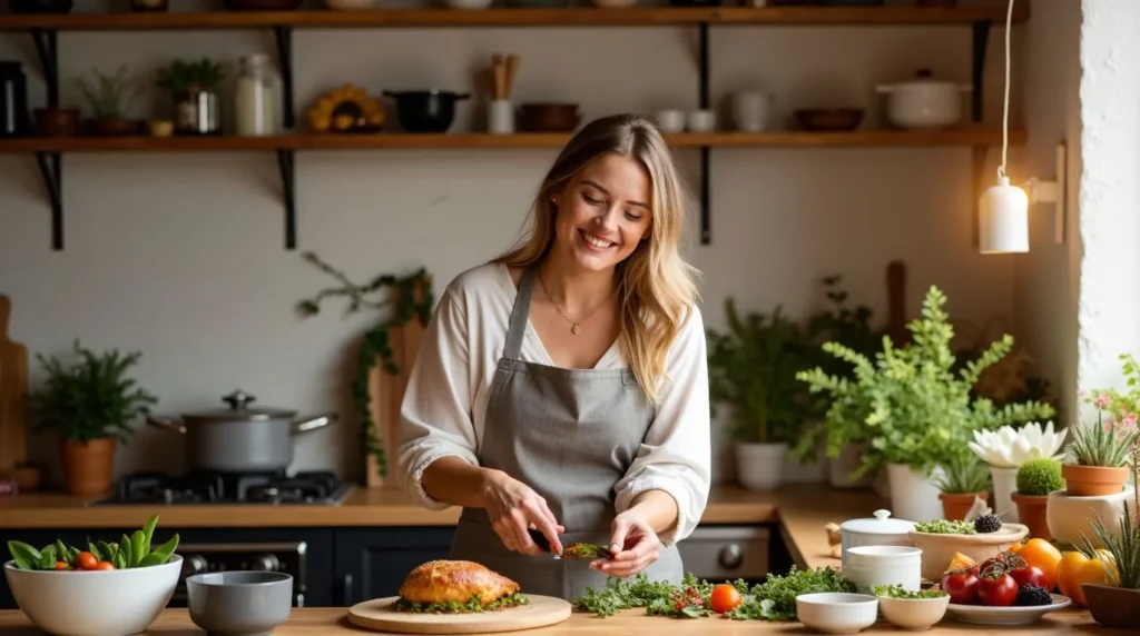 Anne cooking in a cozy kitchen, preparing a homemade dish.