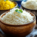 A bowl of fluffy, perfectly cooked basmati rice garnished with a fresh parsley leaf, with additional bowls of yellow and white rice in the background.