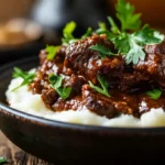 Braised beef cheek meat served with mashed potatoes and herbs.