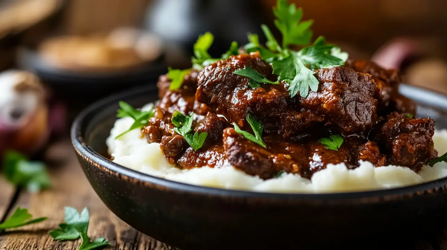 Braised beef cheek meat served with mashed potatoes and herbs.