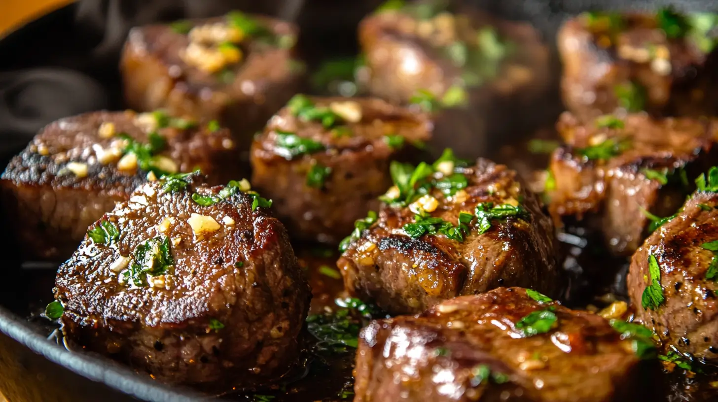 Juicy garlic steak bites in a cast-iron skillet with butter.