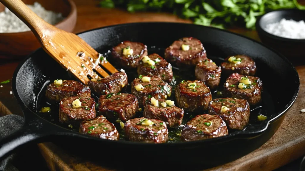 Sizzling garlic steak bites being cooked in a cast-iron pan.