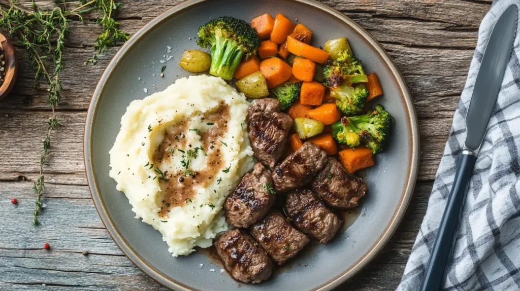 Garlic steak bites served with mashed potatoes and roasted veggies.