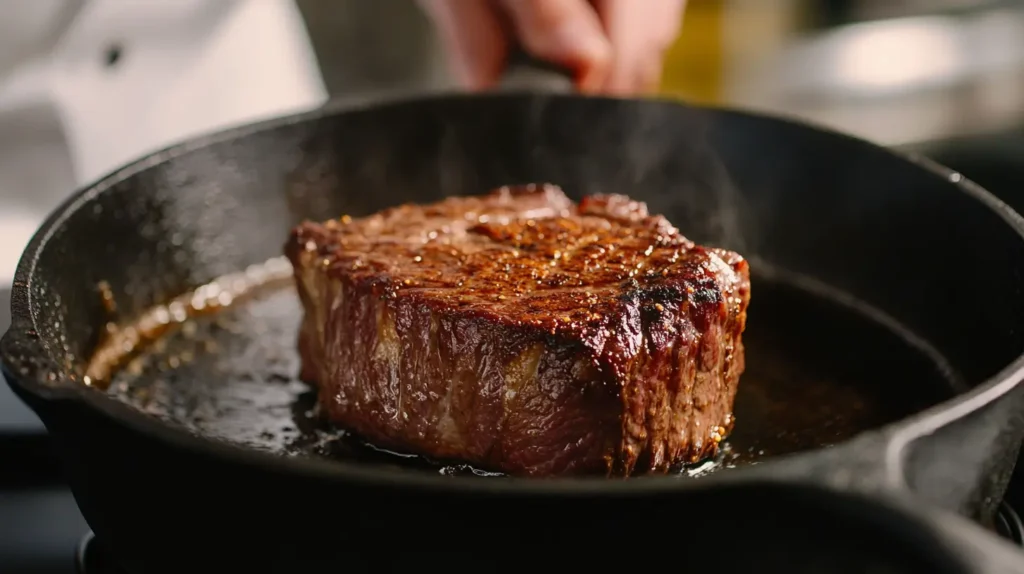 Chef searing beef cheek meat in a cast-iron pan.