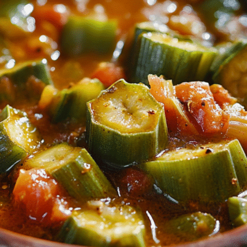 A hearty bowl of Cajun okra soup filled with sliced okra, tomatoes, zucchini, and herbs, served hot with a side of rice.