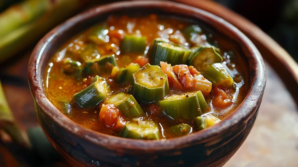 A hearty bowl of Cajun okra soup with cornbread on the side.