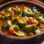 A hearty bowl of Cajun okra soup with cornbread on the side.