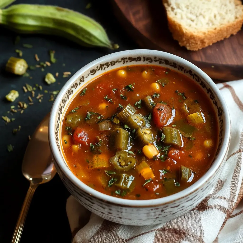 A hearty bowl of Cajun okra soup with cornbread on the side.