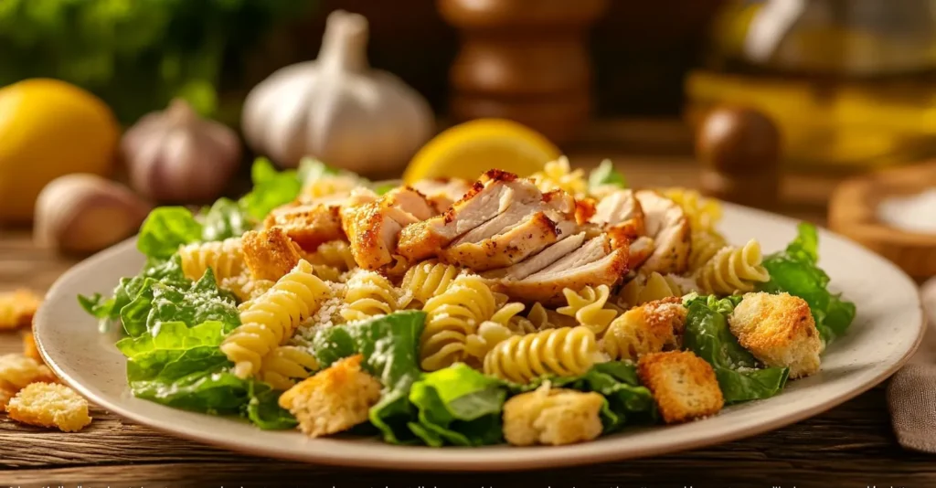 Classic Caesar pasta salad with grilled chicken and Parmesan