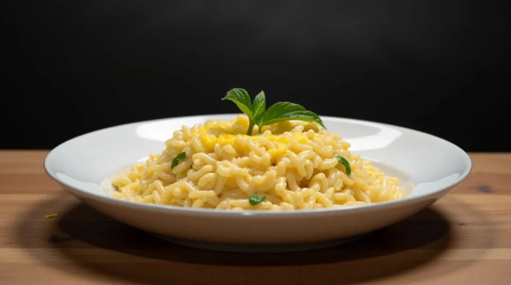 A bowl of freshly made cheesy rice served warm.