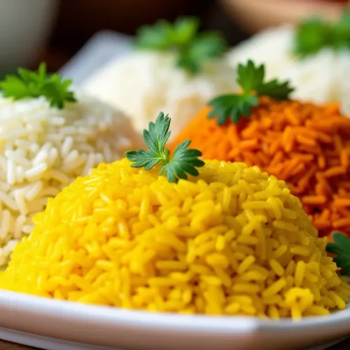 Different colored rice – white, golden, and saffron – topped with fresh green herbs on a wooden board