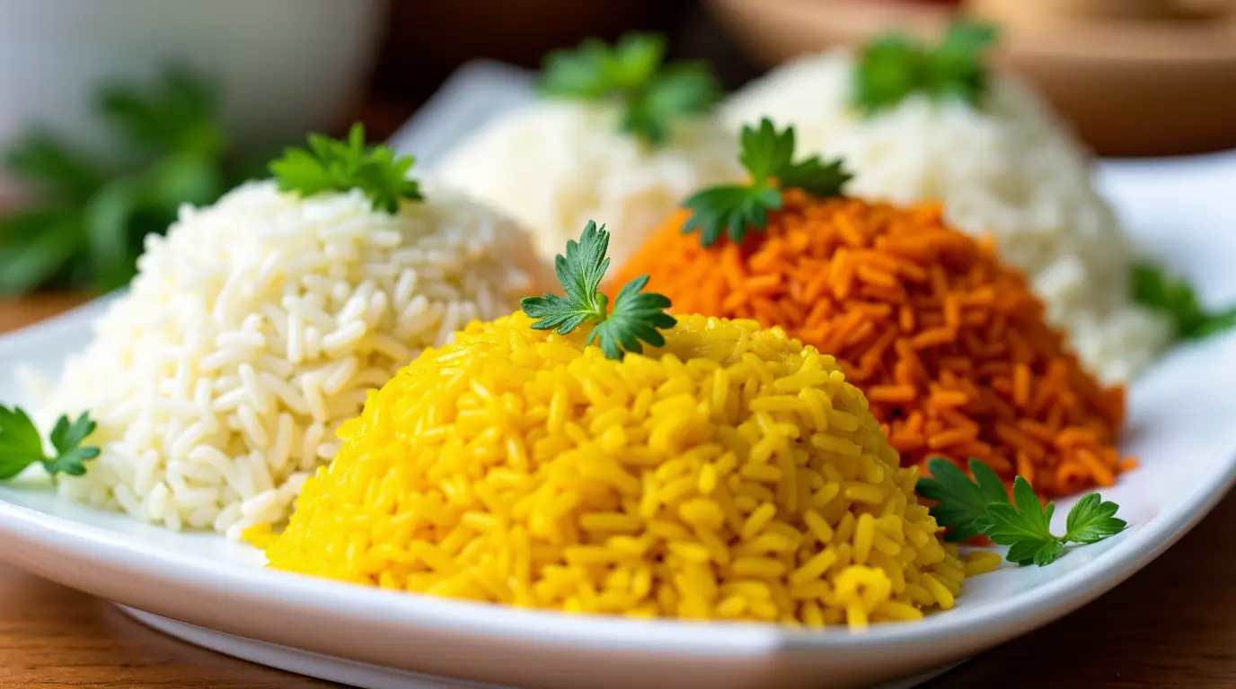 Different colored rice – white, golden, and saffron – topped with fresh green herbs on a wooden board