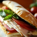 A fresh baguette sandwich filled with sliced turkey, melted cheese, ripe tomatoes, basil, and pesto, served on a white plate.