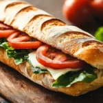 A freshly made ciabatta sandwich with tomatoes, mozzarella, and basil on a rustic table." Title: "Classic Italian Ciabatta Sandwich