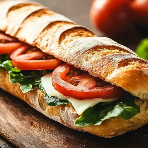 A freshly made ciabatta sandwich with tomatoes, mozzarella, and basil on a rustic table." Title: "Classic Italian Ciabatta Sandwich