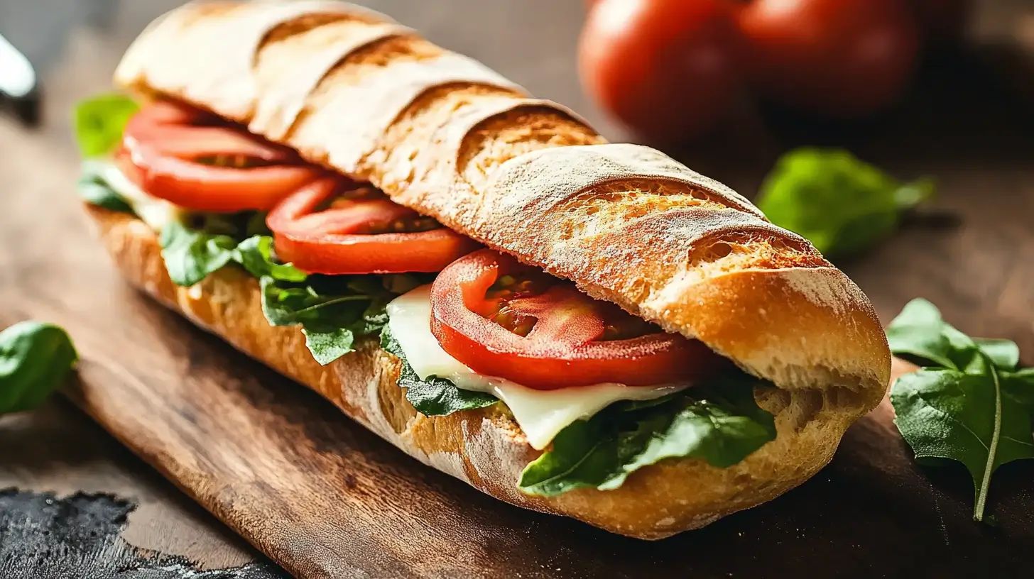 A freshly made ciabatta sandwich with tomatoes, mozzarella, and basil on a rustic table." Title: "Classic Italian Ciabatta Sandwich