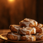 Freshly baked mini cinnamon rolls drizzled with icing.