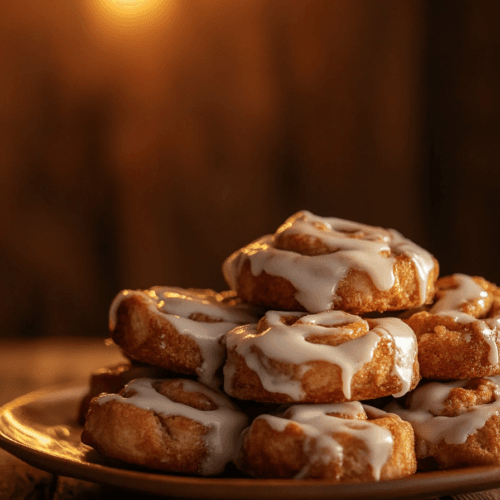 Freshly baked mini cinnamon rolls drizzled with icing.