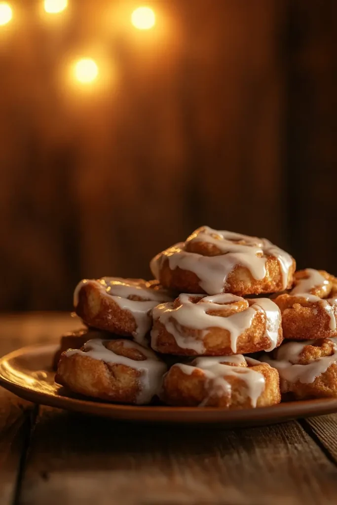 Freshly baked mini cinnamon rolls drizzled with icing.