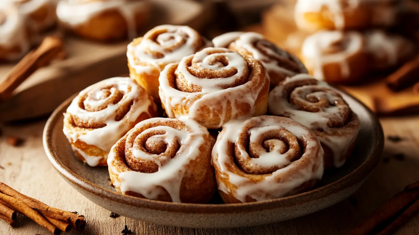 A plate stacked with mini cinnamon rolls drizzled in icing, with a warm, rustic kitchen background.