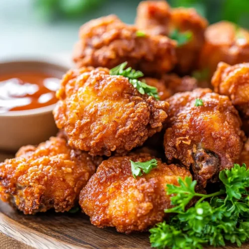 A close-up of crispy, golden-brown air fryer chicken bites on a wooden platter, garnished with fresh parsley and served with a side of dipping sauce. Warm, natural lighting highlights the texture and crispiness, with a softly blurred background.