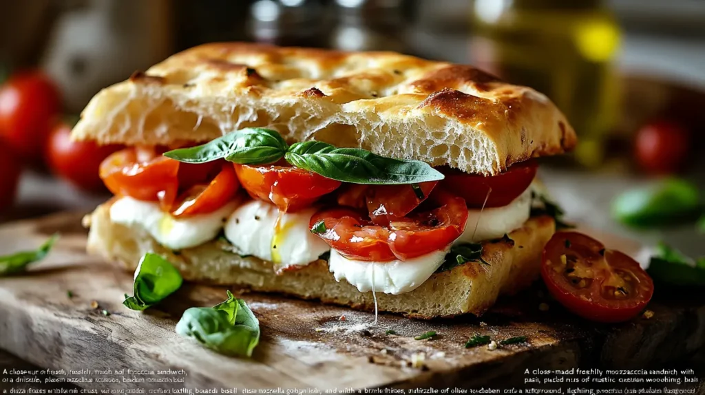 Freshly made focaccia sandwich with mozzarella and basil.