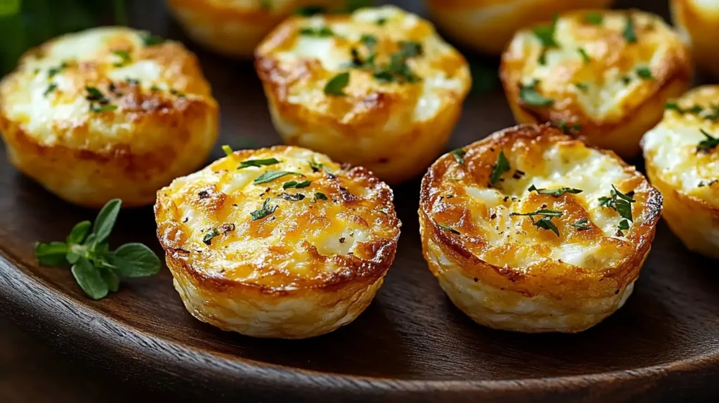 Freshly baked egg bites with cottage cheese on a wooden plate