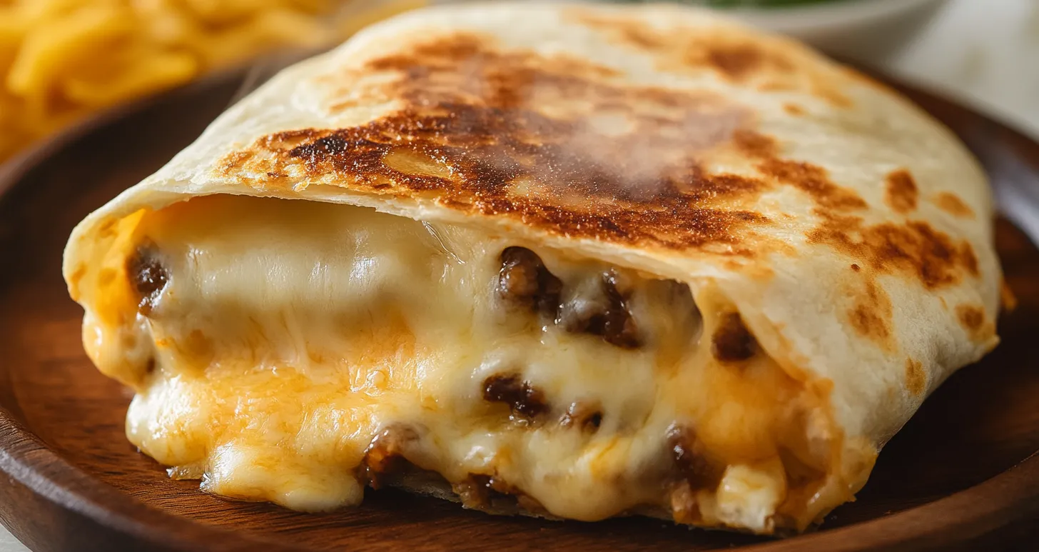 Crispy grilled cheese burrito with melted cheese oozing out.