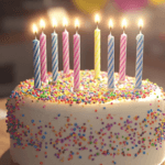 Colorful birthday cake with lit candles and sprinkles on a kitchen table with balloons in the background.