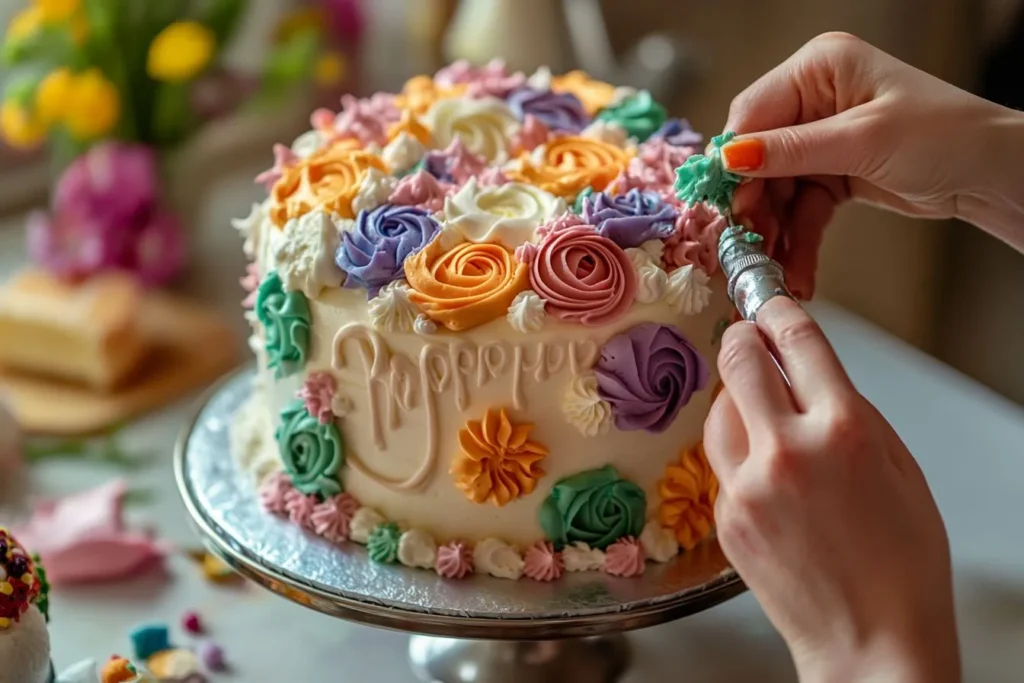 Hands decorating a Happy Birthday Cake with buttercream flowers using a piping bag.