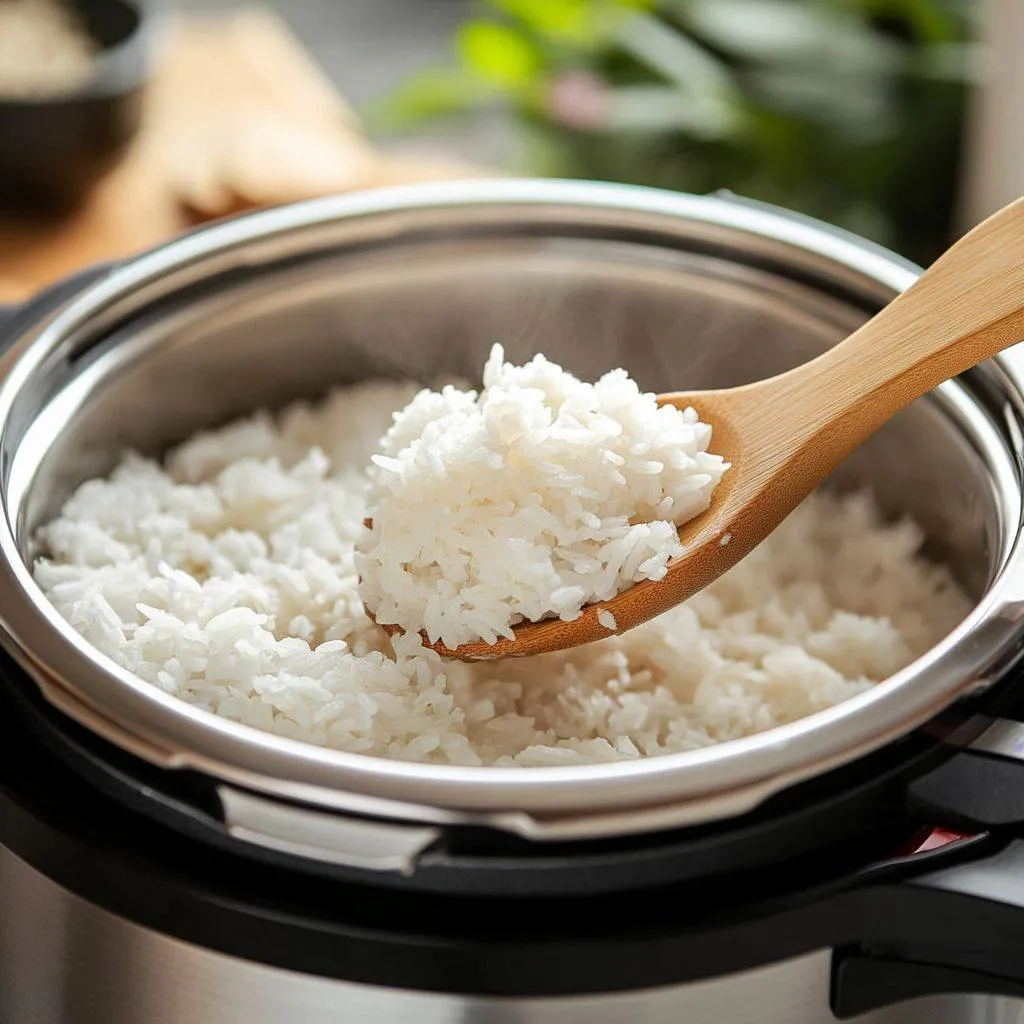 Freshly cooked Jasmine rice inside an Instant Pot with steam rising.