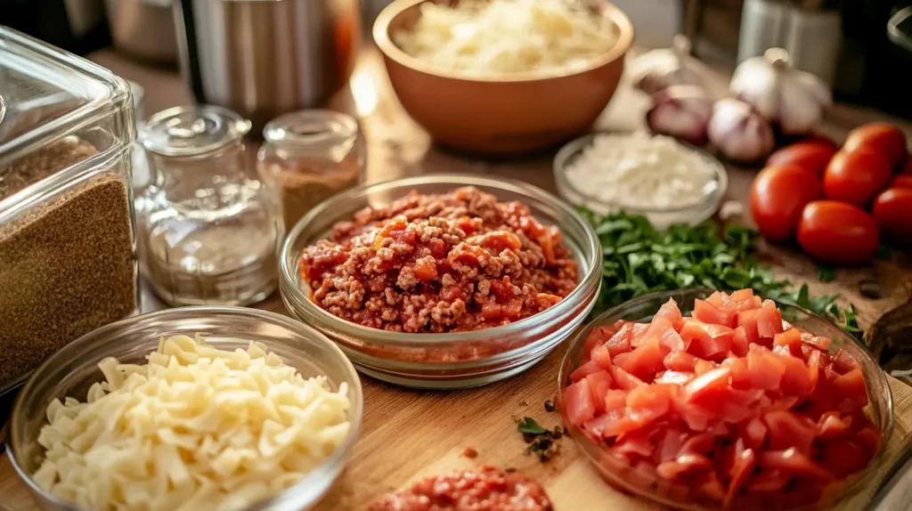 Ingredients for crockpot lasagna soup laid out on a counter.