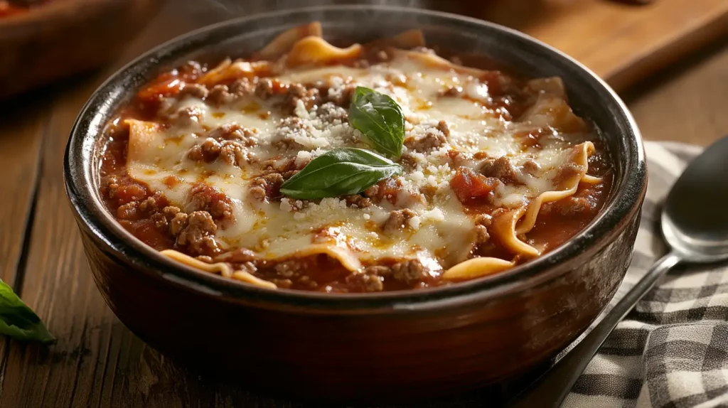 Bowl of homemade lasagna soup with melted cheese.