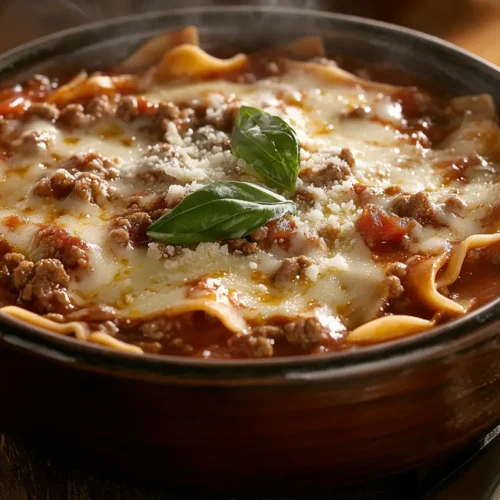 Bowl of homemade lasagna soup with melted cheese.