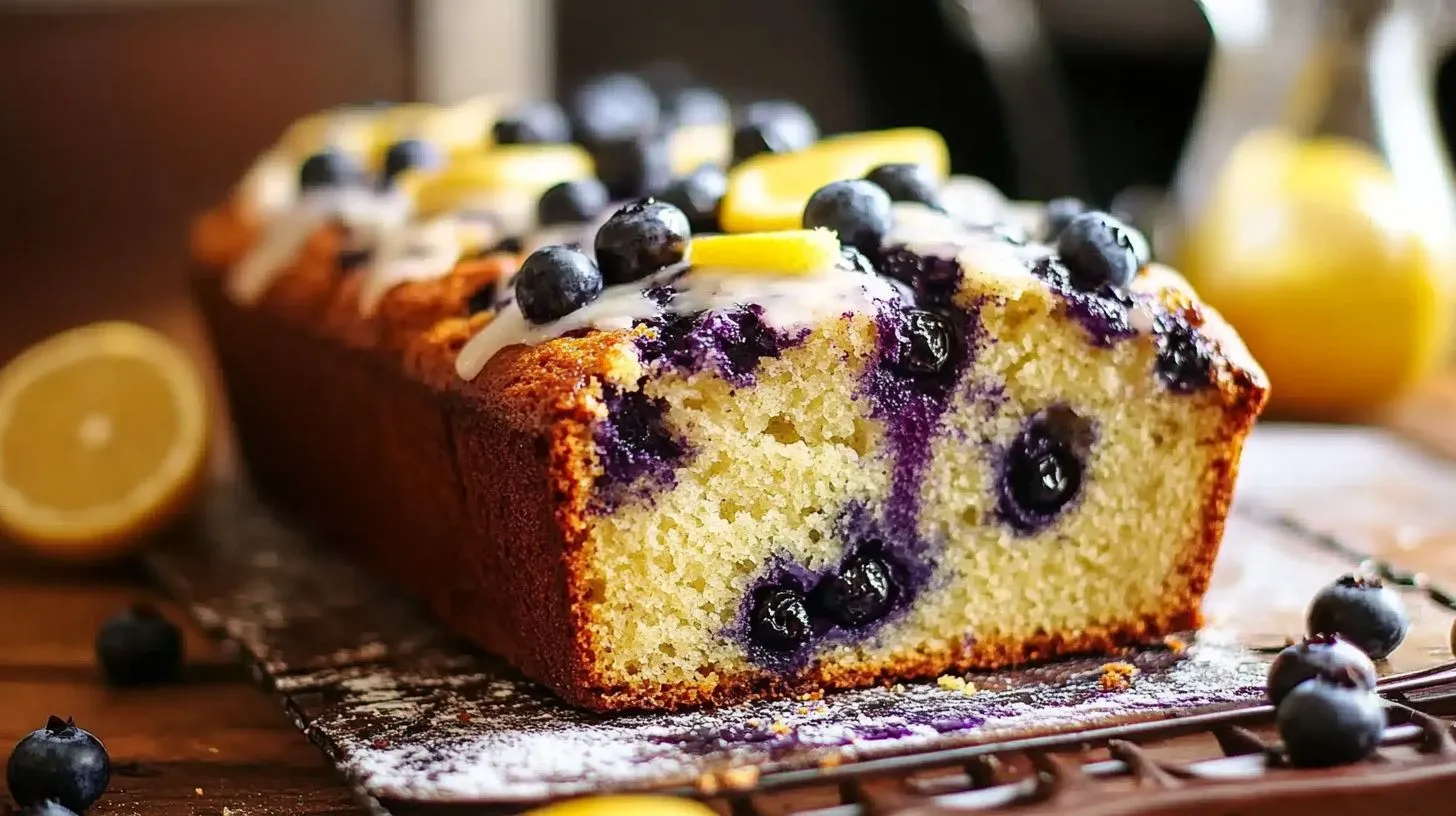 Freshly baked lemon blueberry bread with a golden crust.