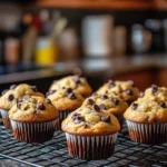 A batch of freshly baked chocolate chip muffins cooling on a black wire rack in a cozy kitchen, with a blurred background featuring wooden cabinets and kitchen utensils.
