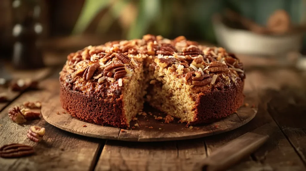 Classic oatmeal cake with coconut-pecan topping.