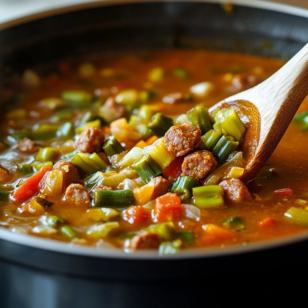 A simmering pot of Cajun okra soup with sausage and vegetables.