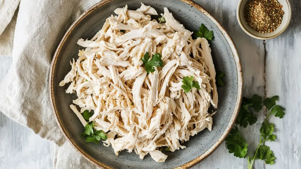 Juicy Instant Pot shredded chicken served on a wooden board