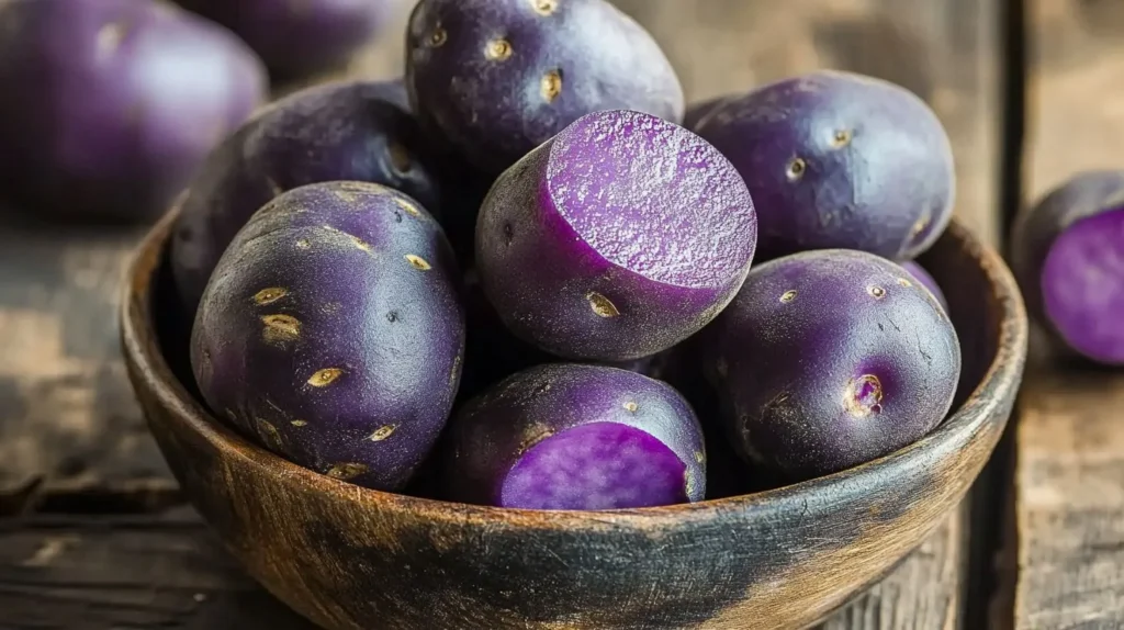 Freshly harvested purple potatoes in a rustic bowl.