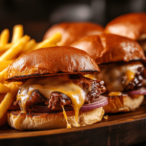 A close-up of delicious roast beef sliders with melted cheese, served on a wooden plate with crispy fries. The golden toasted buns glisten under warm lighting, with a softly blurred cozy kitchen in the background.