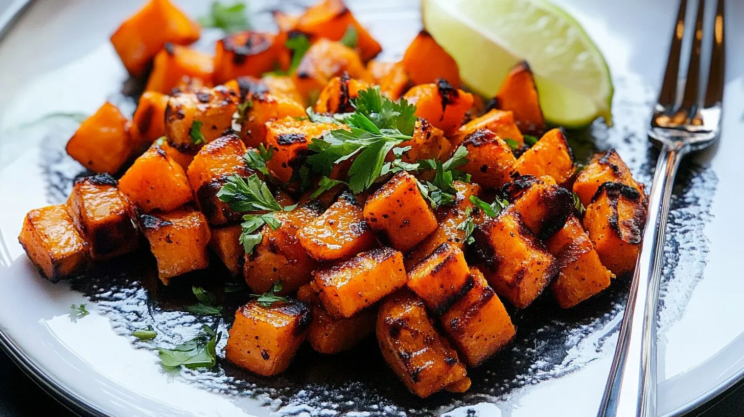 Crispy golden sautéed sweet potatoes in a cast iron skillet.