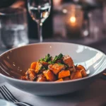 A bowl of roasted sweet potatoes and vegetables garnished with fresh herbs, served on a fine dining table with elegant tableware, a glass of water, and a candlelit ambiance in the background. Title: Elegant Dining with Roasted Sweet Potato Dish